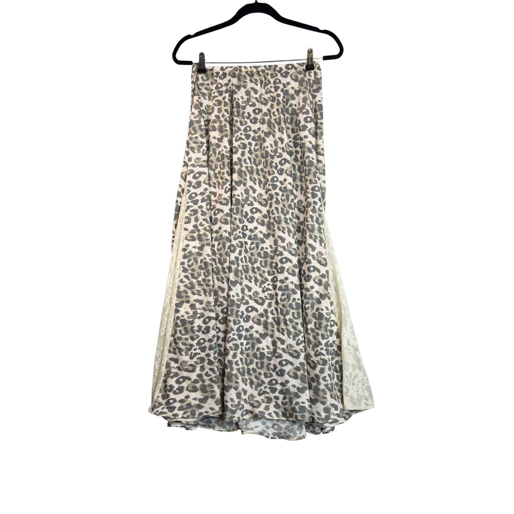 Aerie Leopard Print Maxi Skirt Floral Lace Inset Boho Tan Grey XS